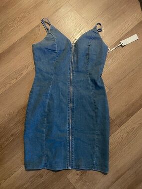 Iris Basic Blue Denim Zipper Bodycon Mini Dress